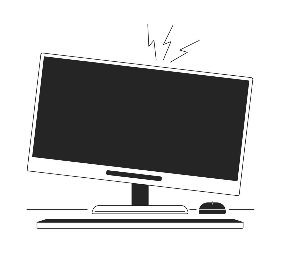 Computer monitor crackling flat monochrome isolated vector object. Damaged desktop hardware. Editable black and white line art drawing. Simple outline spot illustration for web graphic design