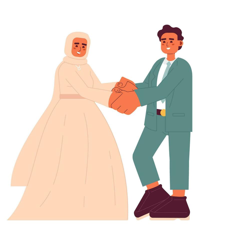 Muslim bride and groom reception semi flat colorful vector characters. Woman in bridal lehenga with hijab. Editable full body people on white. Simple cartoon spot illustration for web graphic design