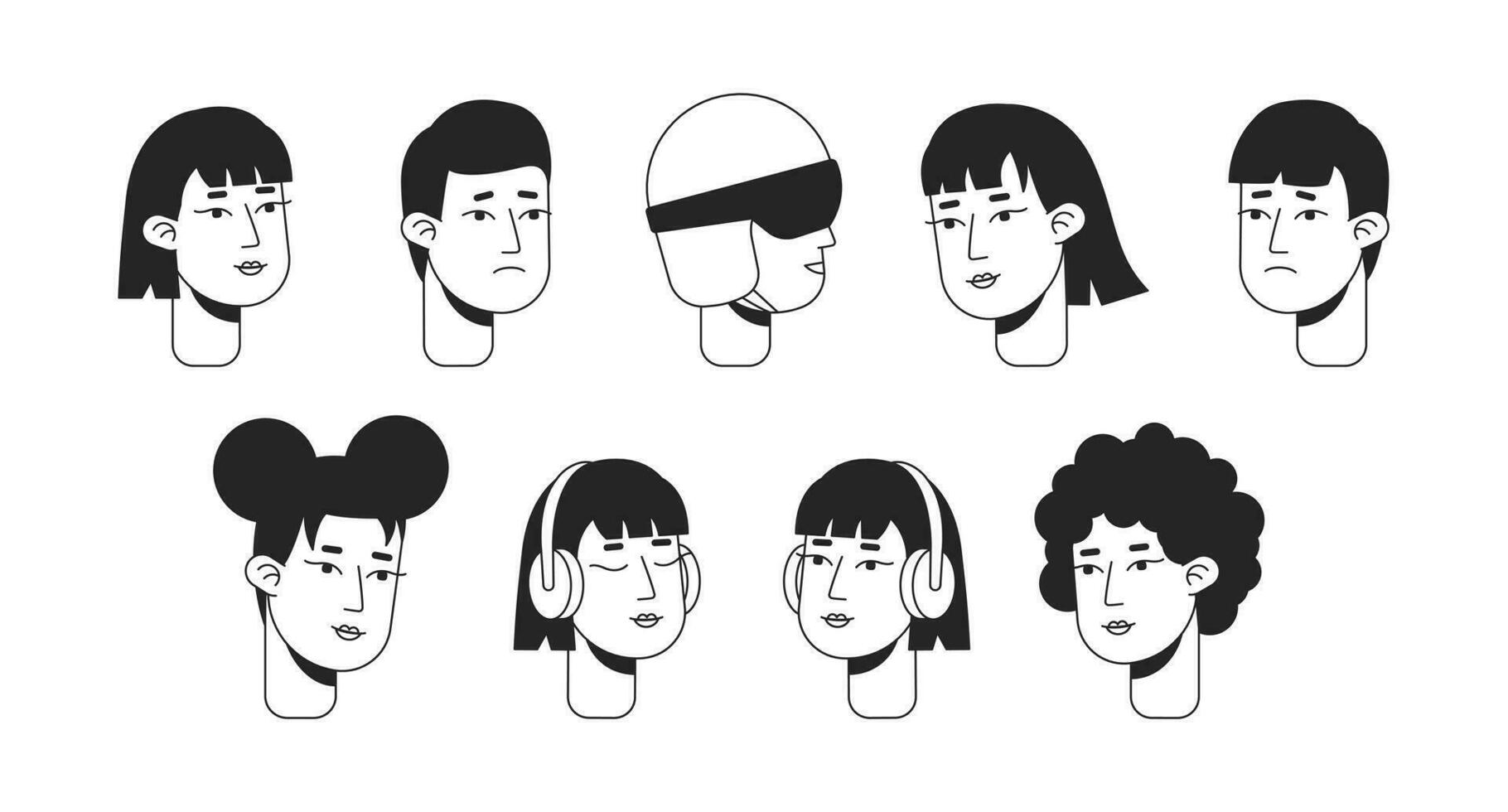 Young adult expressions monochrome flat linear character heads bundle. Listen music. Editable outline people icons. Line users faces. 2D cartoon spot vector avatar illustration pack for animation