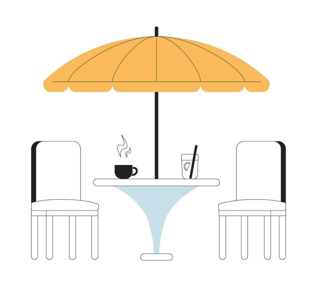 Modern street cafe table and umbrella monochrome flat vector object. Backyard patio furniture. Editable black and white thin line icon. Simple cartoon clip art spot illustration for web graphic design