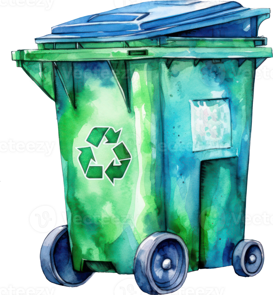 Green Blue Recycle Bin Watercolor Illustration. png