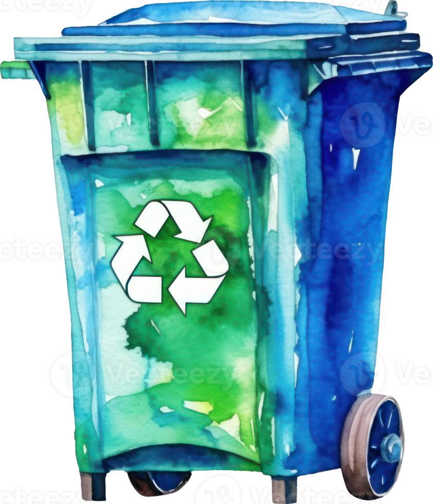 Green Blue Recycle Bin Watercolor Illustration. png