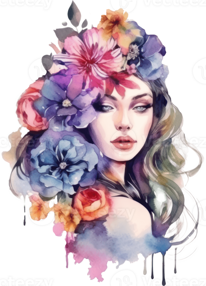 Woman and Flower Watercolor Illustration. png