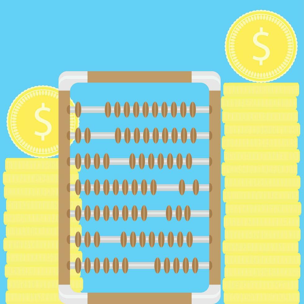 Count money. Stacks of coins and abacus. Money counting machine, money stack and counting coins, accounting vector illustration