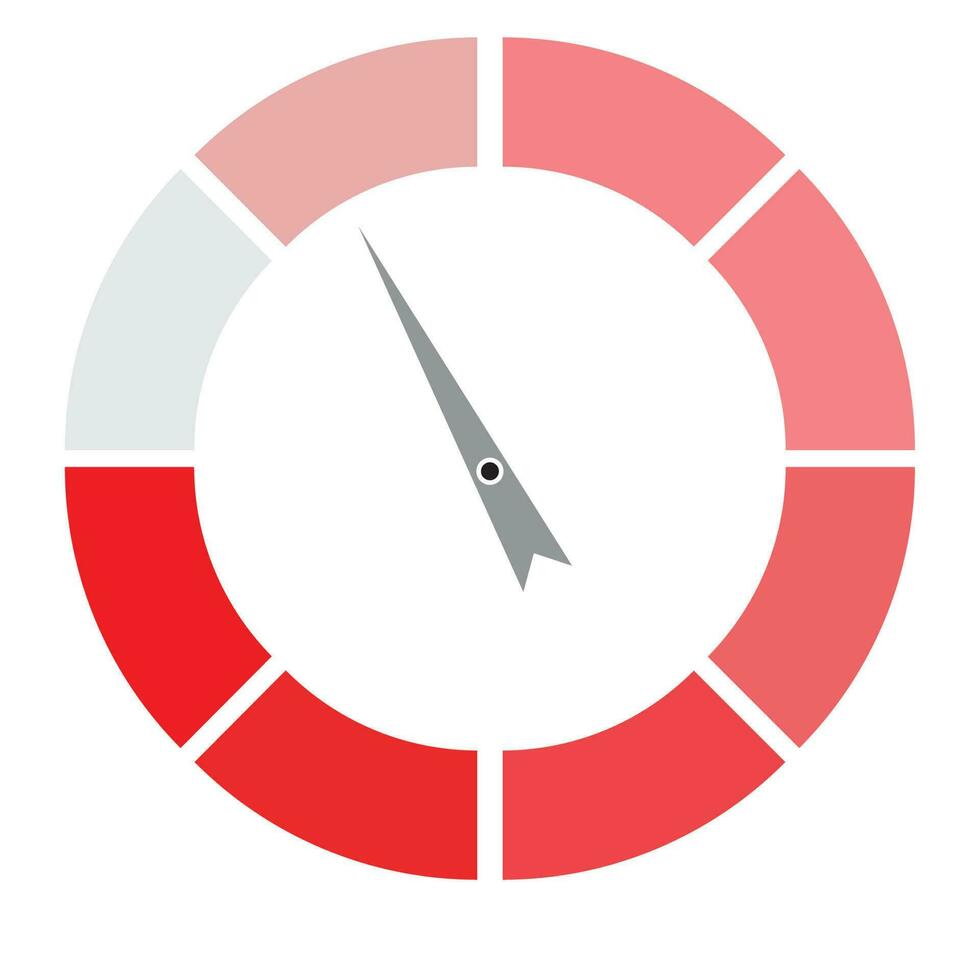 Indicator round red with pointer needle. Index and pointer, arrow indicator, measurement spectrum and power panel. Vector illustration
