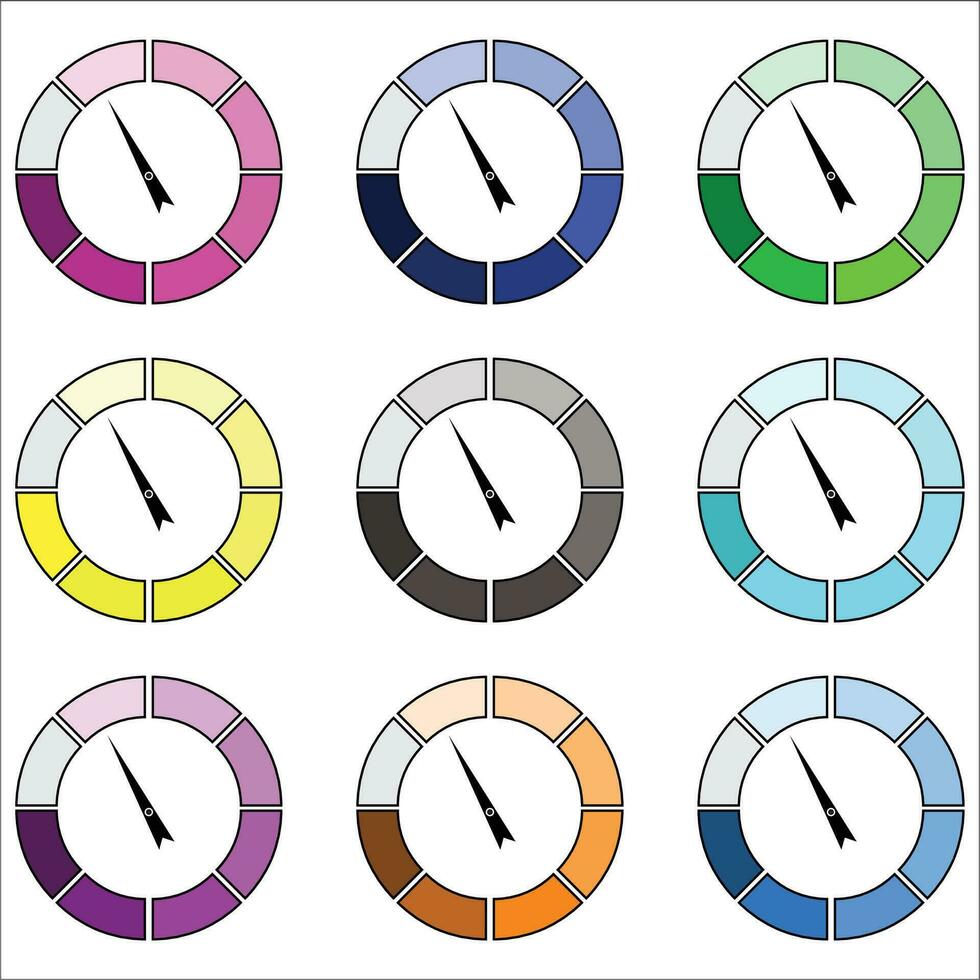 Indicator round color set. Index pointer arrow, measure and performance indicators. Vector illustration