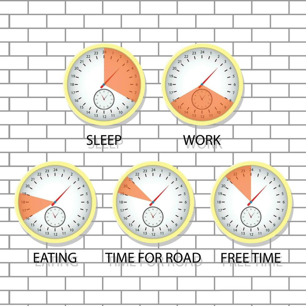 Time of sleep, work, eating. Time for road and free time, schedule of routine, vector illustration