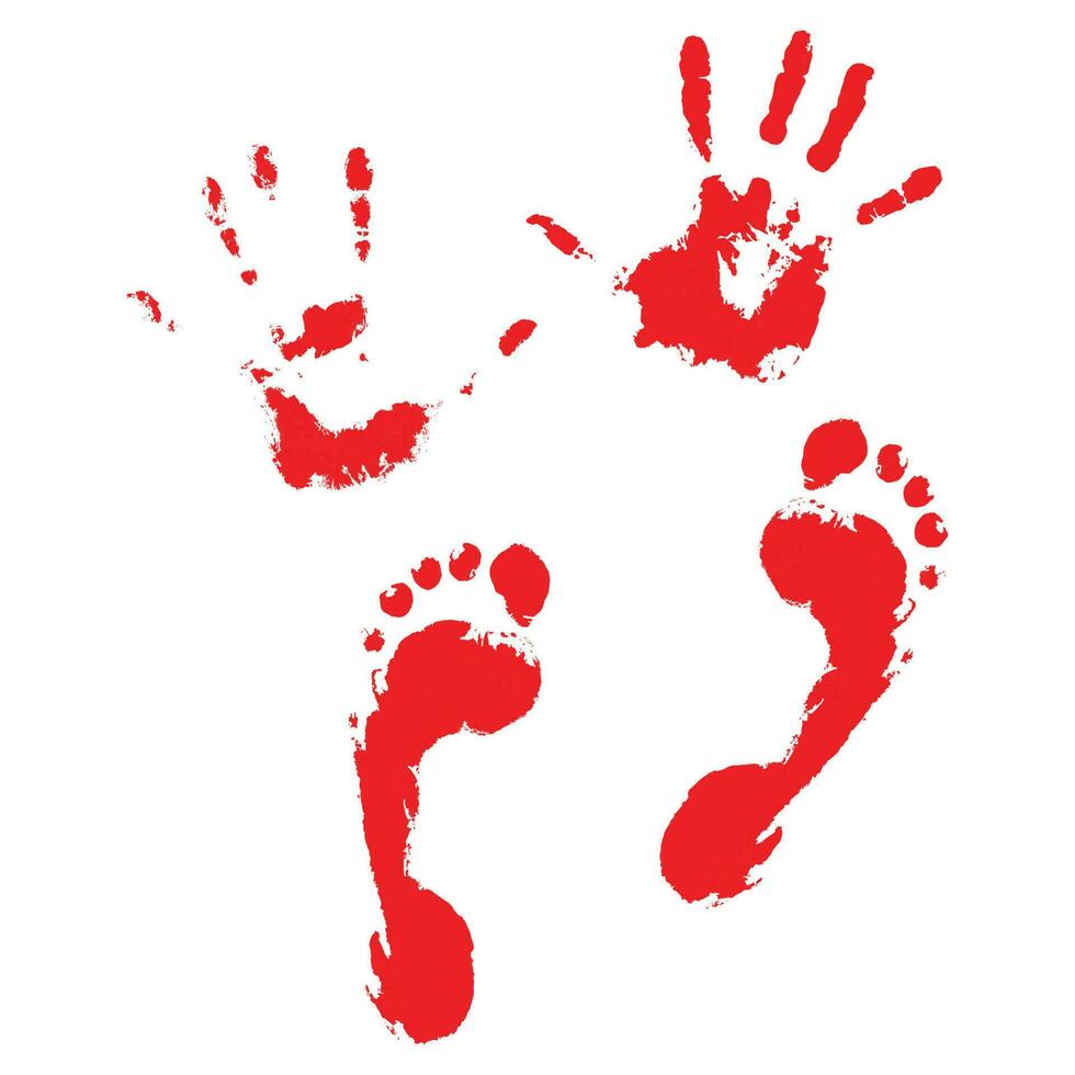 Bloody handprints and feet. Blood splatter and bloody hand print