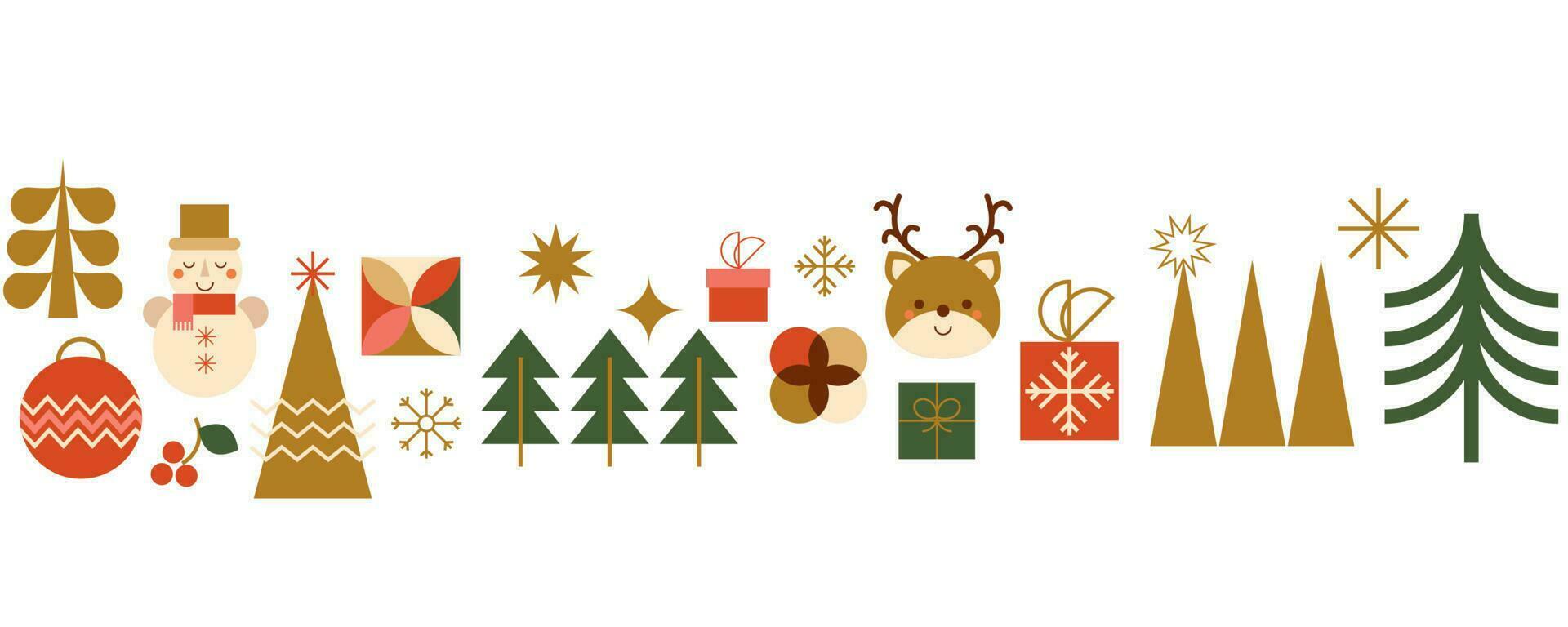 Navidad horizontal sin costura frontera con invierno fiesta mosaico decorativo elementos. geometría Navidad árbol, regalos, muñecos de nieve, ciervo, copos de nieve iconos largo repetir bandera. nuevo año vector ilustración