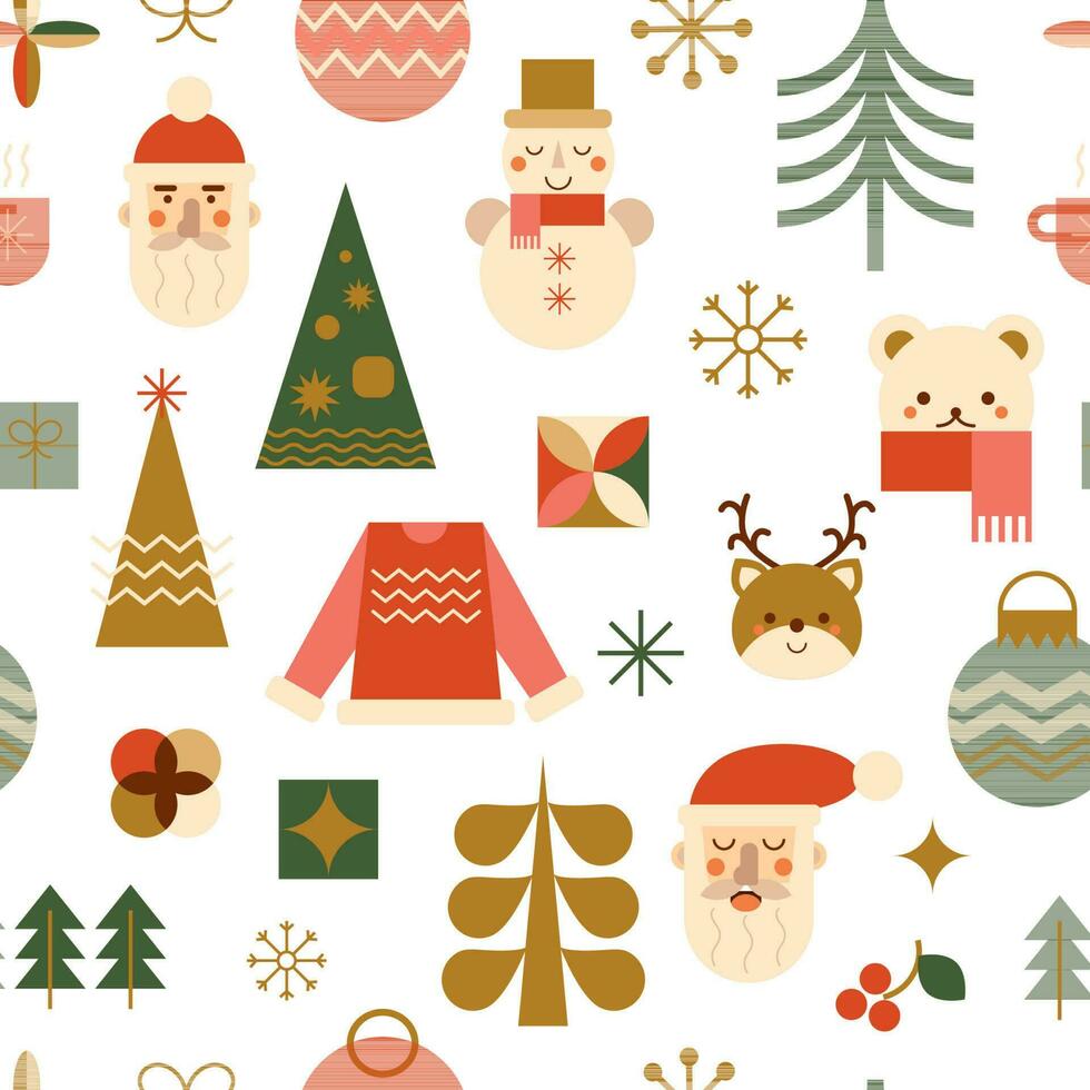 Geometric Christmas seamless pattern. Winter holiday geometry icons - Santa, bear, candy stick, Christmas ball, tree, snowflake. Red, green and gold geometric repeat background. Vector illustration