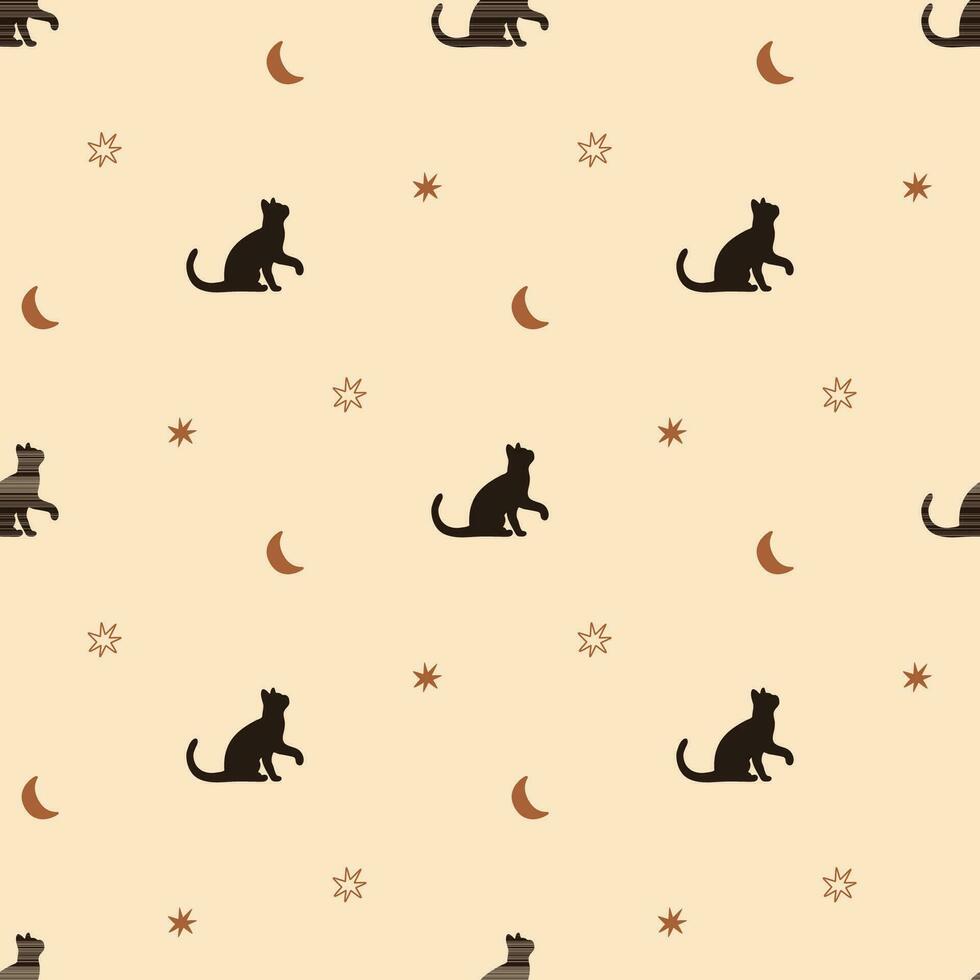 celestial gato sin costura modelo. boho minúsculo estrellas, Luna en el beige repetir antecedentes. sencillo mano dibujado gatito diseño. esotérico cielo vector ilustración. cielo estrellado fondo de pantalla, textil, impresión.