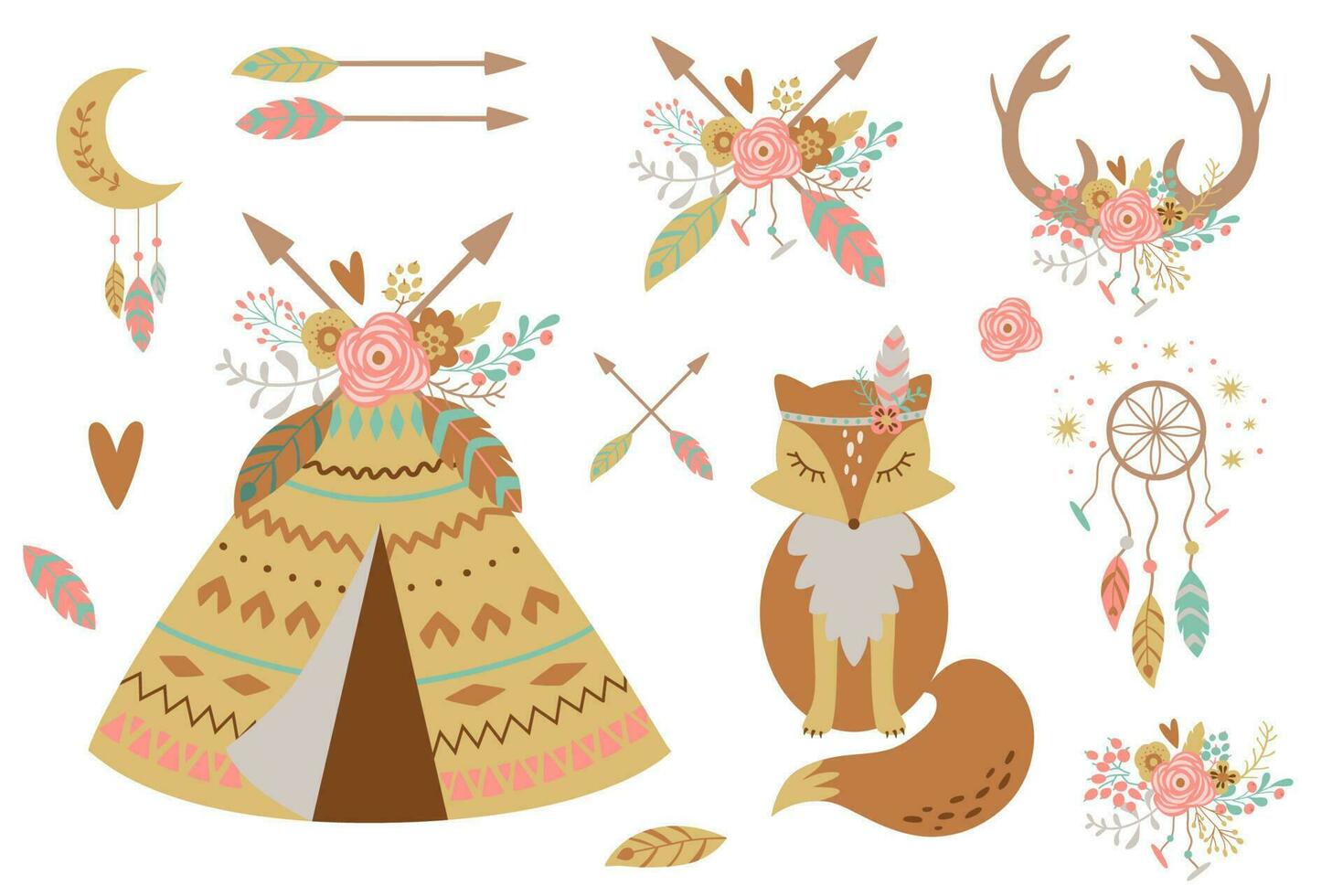 Cute boho chic baby shower elements. Bohemian kids clipart set for nursery. Hand drawn baby teepee, fox, feathers, arrows, dreamcatcher, flowers, deer horns moon. Birthday party vector illustration.