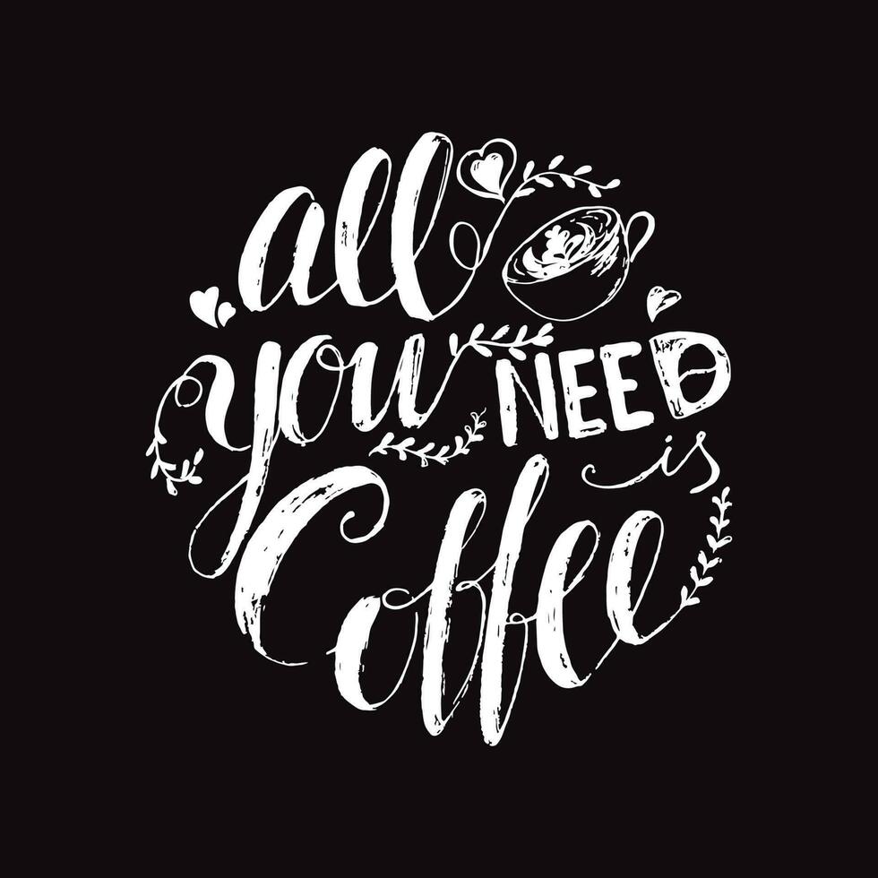 Vector coffee poster with hand lettering quote in linear style All you need is coffee . A cup of coffee with cake hearts floral ornament Chalk board design Hand drawn poster sign quote label banner.