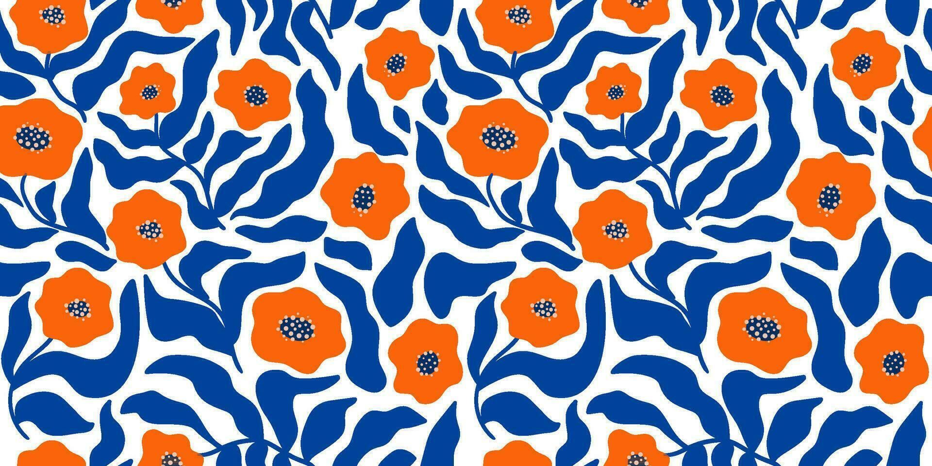 Blue floral Matisse seamless pattern, curve leaves and red flowers. Freehand abstract floral tropical repeat print, doodle botanical wallpaper. Organic background. Summer naturel vector illustration