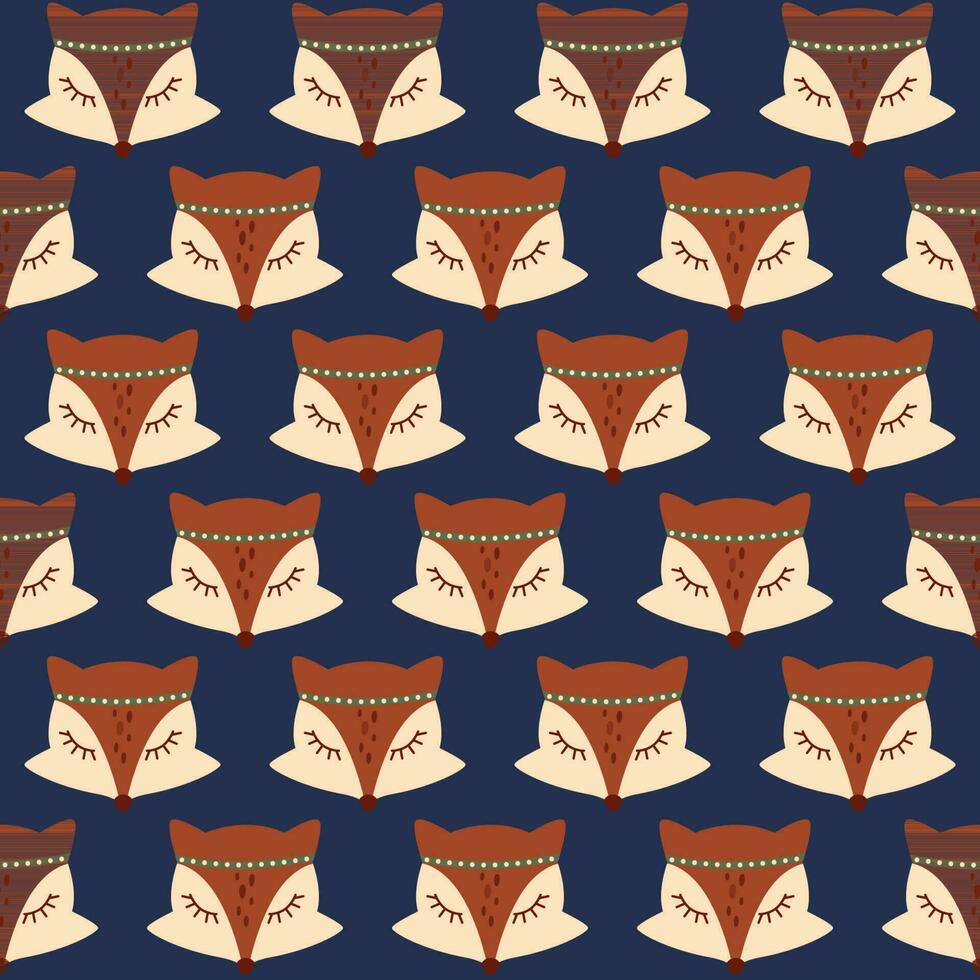 Fox pattern, cute fox head seamless pattern, tribal animal, childish forest animal background, repeat print. Vector illustration. Dark wild animal wallpaper, textile design, fabric.