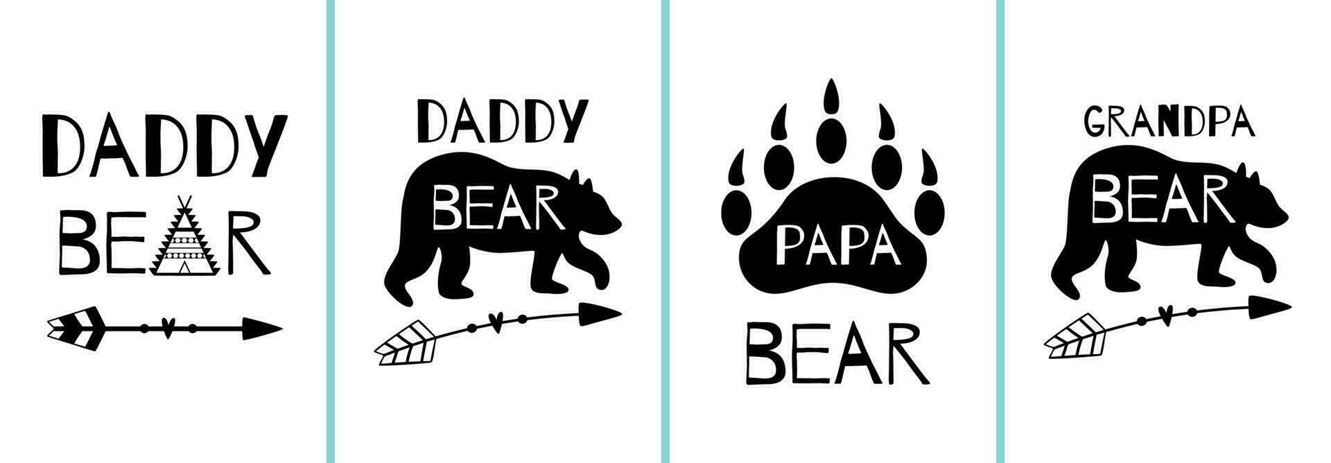 Papa Bear cards set. Fathers day posters collection. Dad bear animal. Wildlife animal shape, arrow, forest, bear paw. Hand drawn prints. Vector illustration.