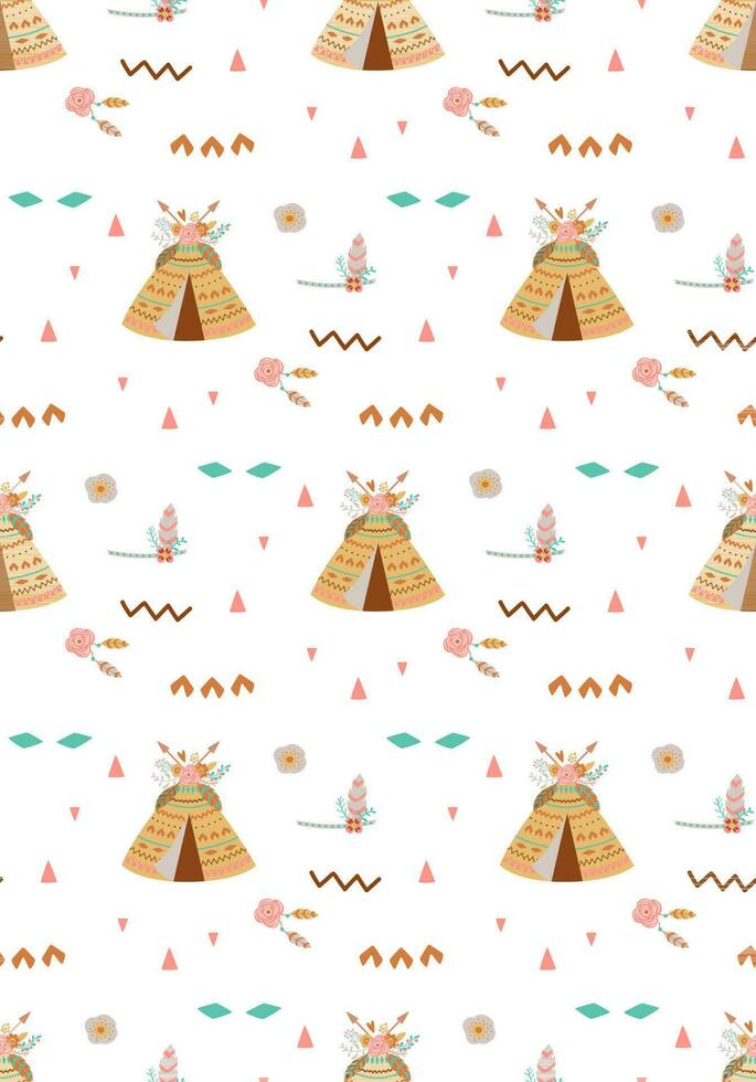 Boho teepee seamless indian summer floral arrows and teepee illustration. Kids aztec background. Hand drawn boho chic pattern vector. Baby boho fabric design. Cute textile, tribal print arrow flowers vector