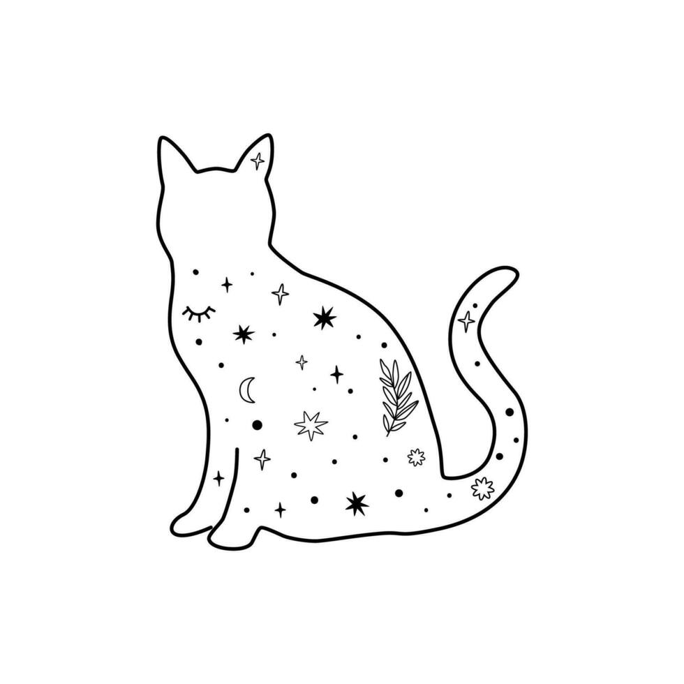 Celestial cat hand drawn in line art. Mysterious black moon cat. Magic domestic animal silhouette with stars, moon. Mystical vector illustration. Magic celestial black isolated element.