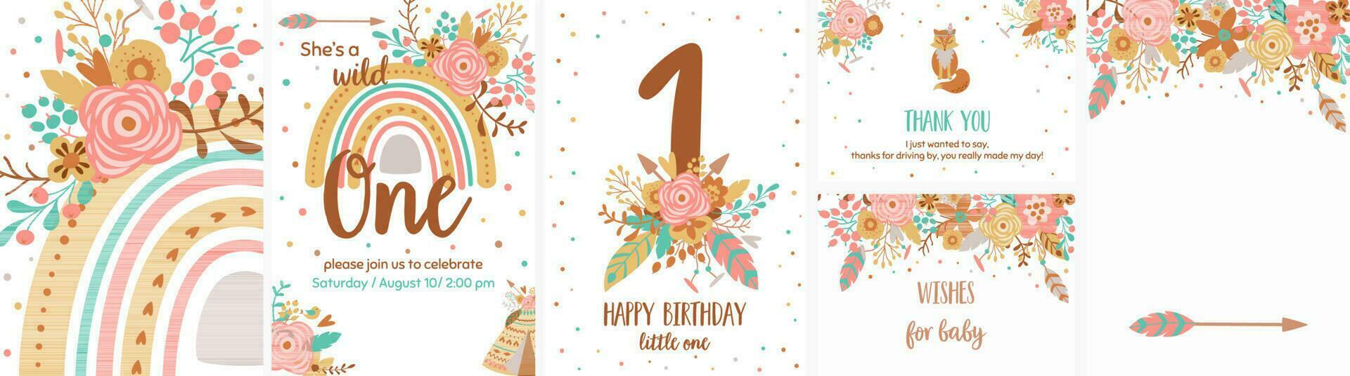 Boho birthday. Baby boho first birthday card template set. Pink tribal floral rainbow collection banners. Bohemian vector illustration. Little one rainbow. Wild tribal kids birthday party posters.