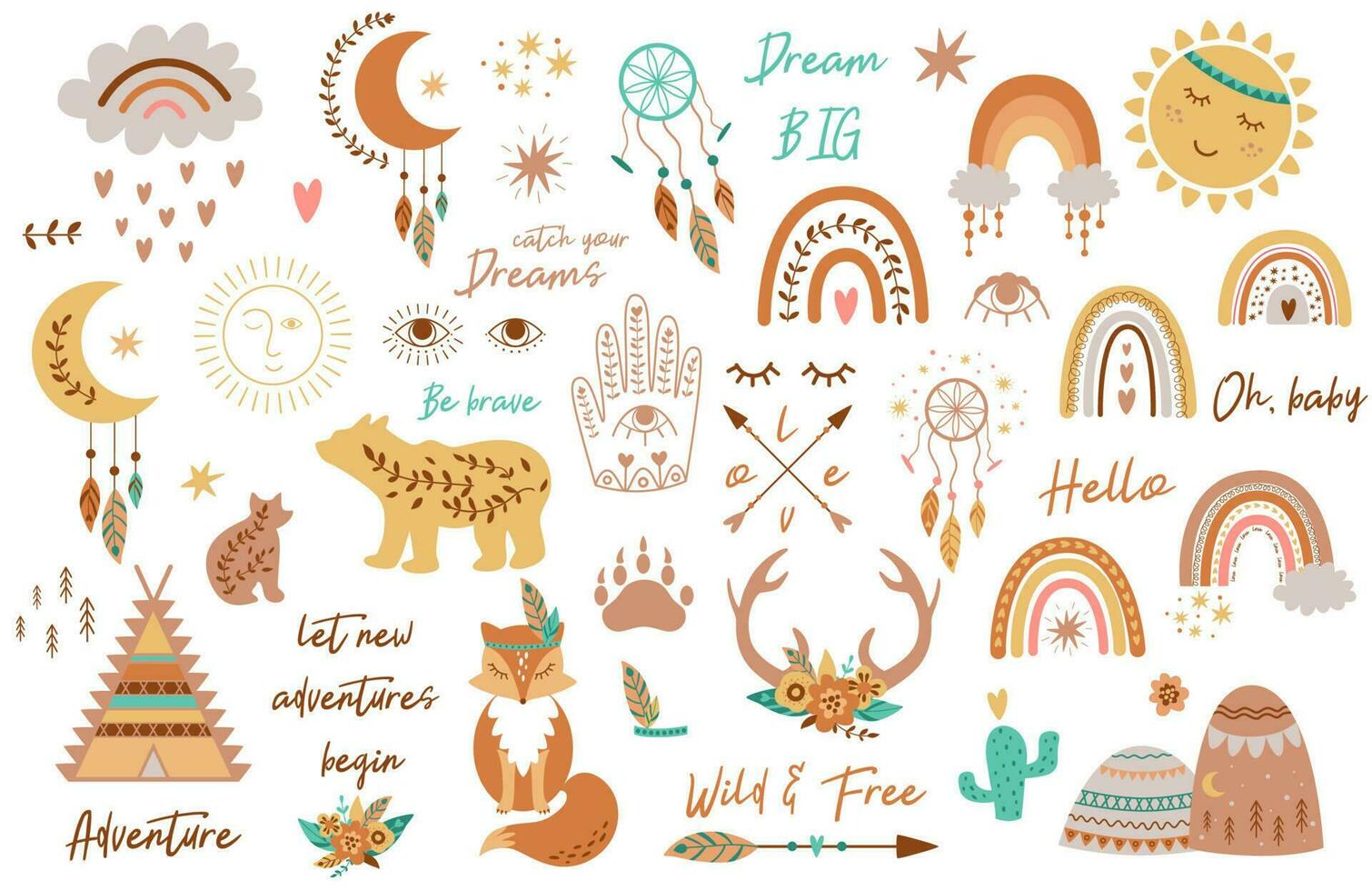 tribal niños conjunto elementos. boho tipi, arcoíris, flecha, luna, sol, boho animales, sueño receptor, ciervo cuernos, hamsa mano, zorro, oso, montañas. azteca boho elegante bebé vector ilustración logo colección