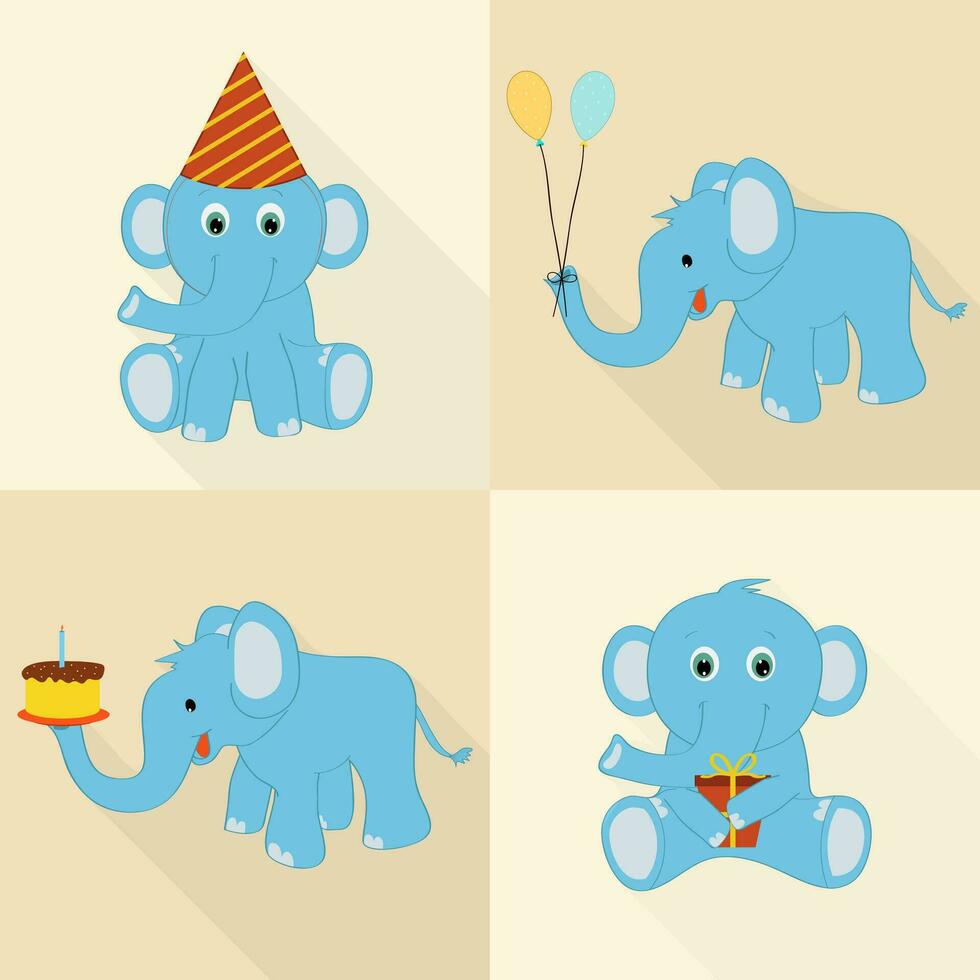 conjunto de cuatro dibujos animados elefante para cumpleaños íconos con gorra, globos, pastel y regalo en beige antecedentes. vector