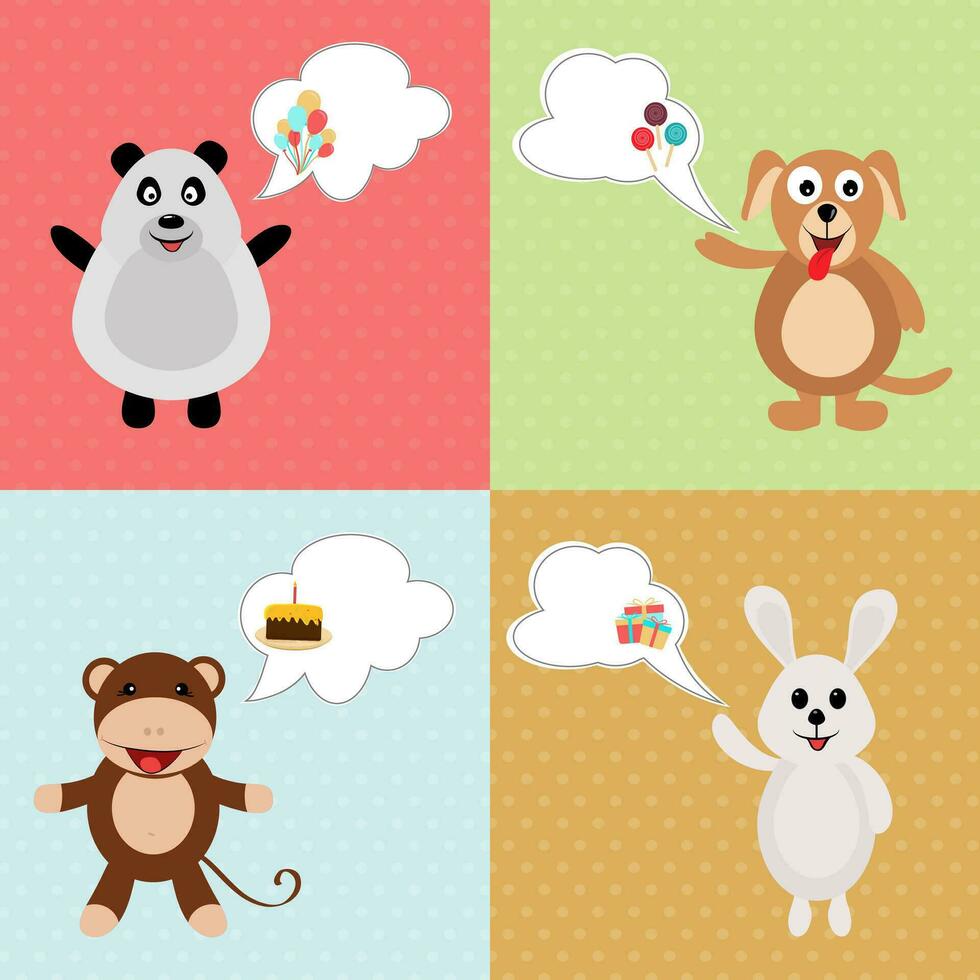 Set of four birthday cartoon character of animals on colorful background. vector