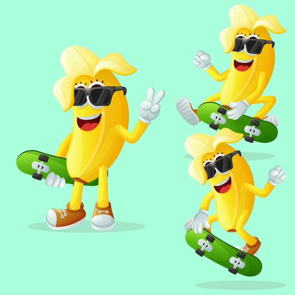 Cute banana characters skateboarding vector