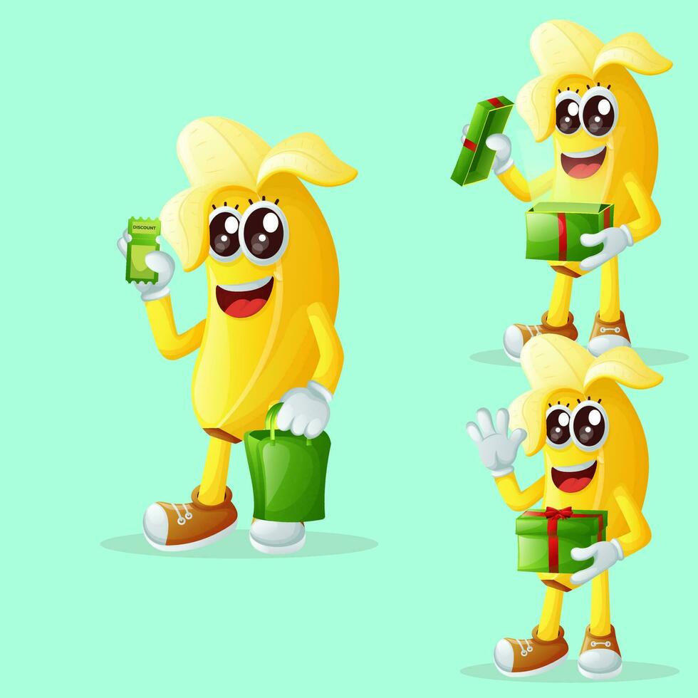 Cute banana characters receiving gifts vector