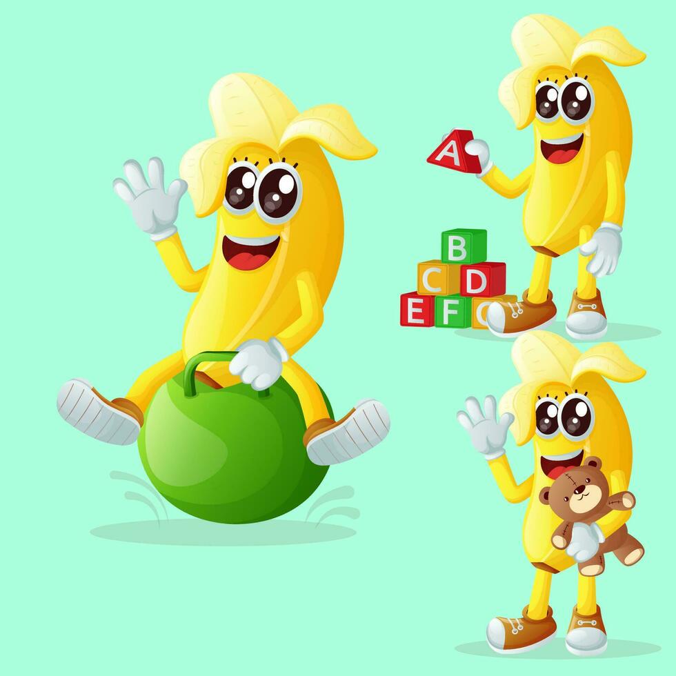 linda plátano caracteres jugando con niño juguetes vector