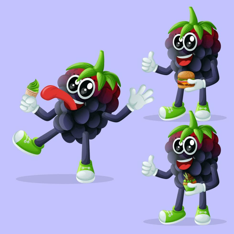 Cute blackberry characters enjoying food vector