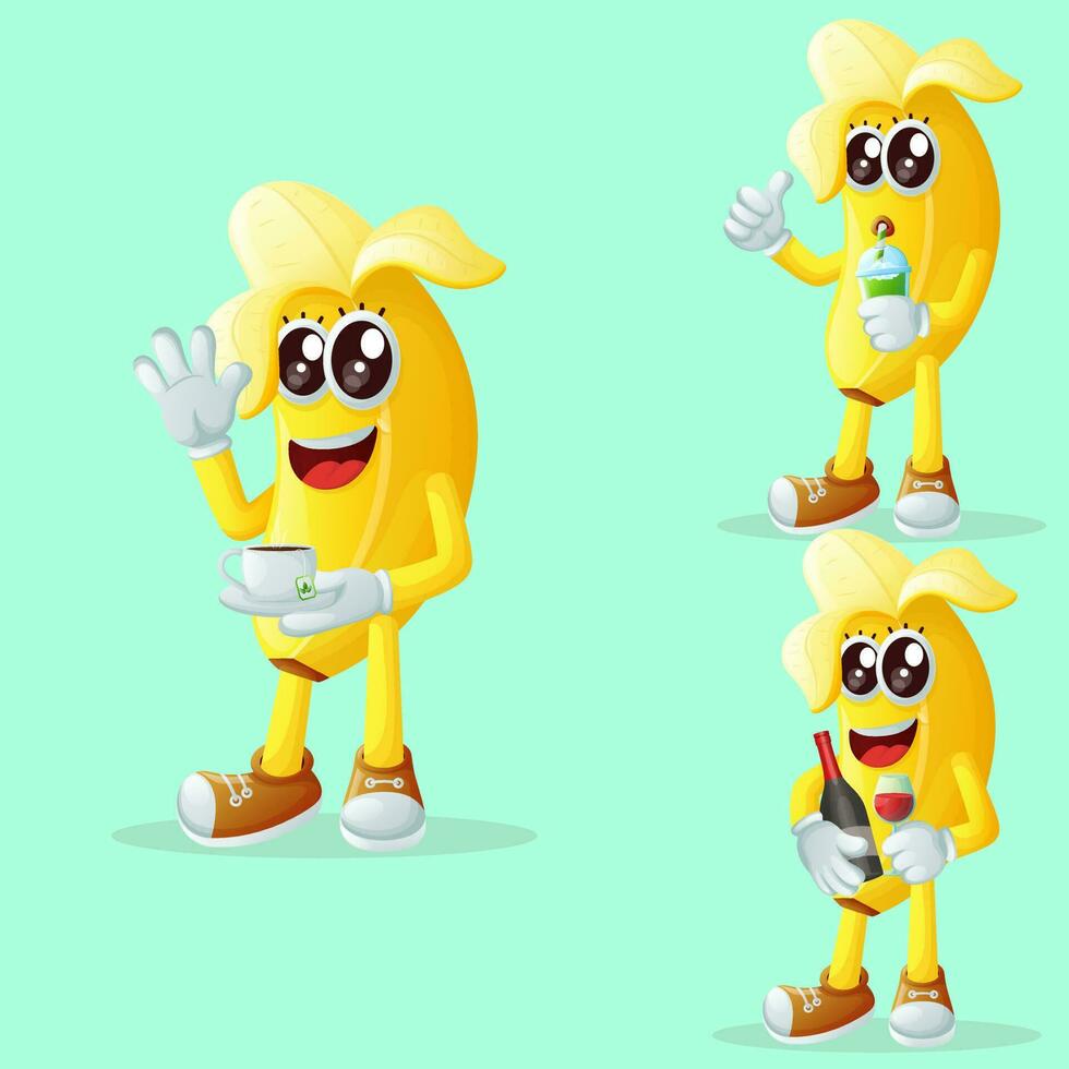 Cute banana characters enjoying beverages vector