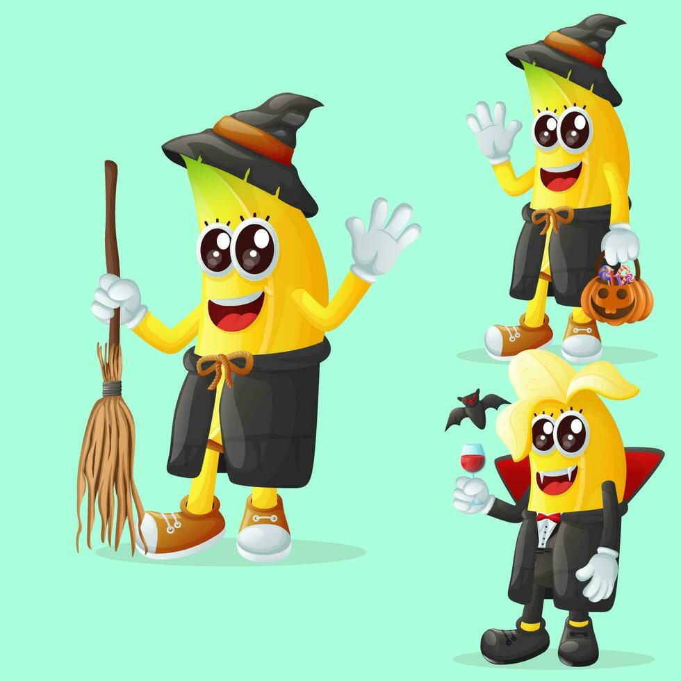 Cute banana characters on Halloween vector