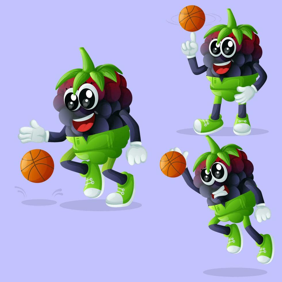 Cute blackberry characters playing basketball vector