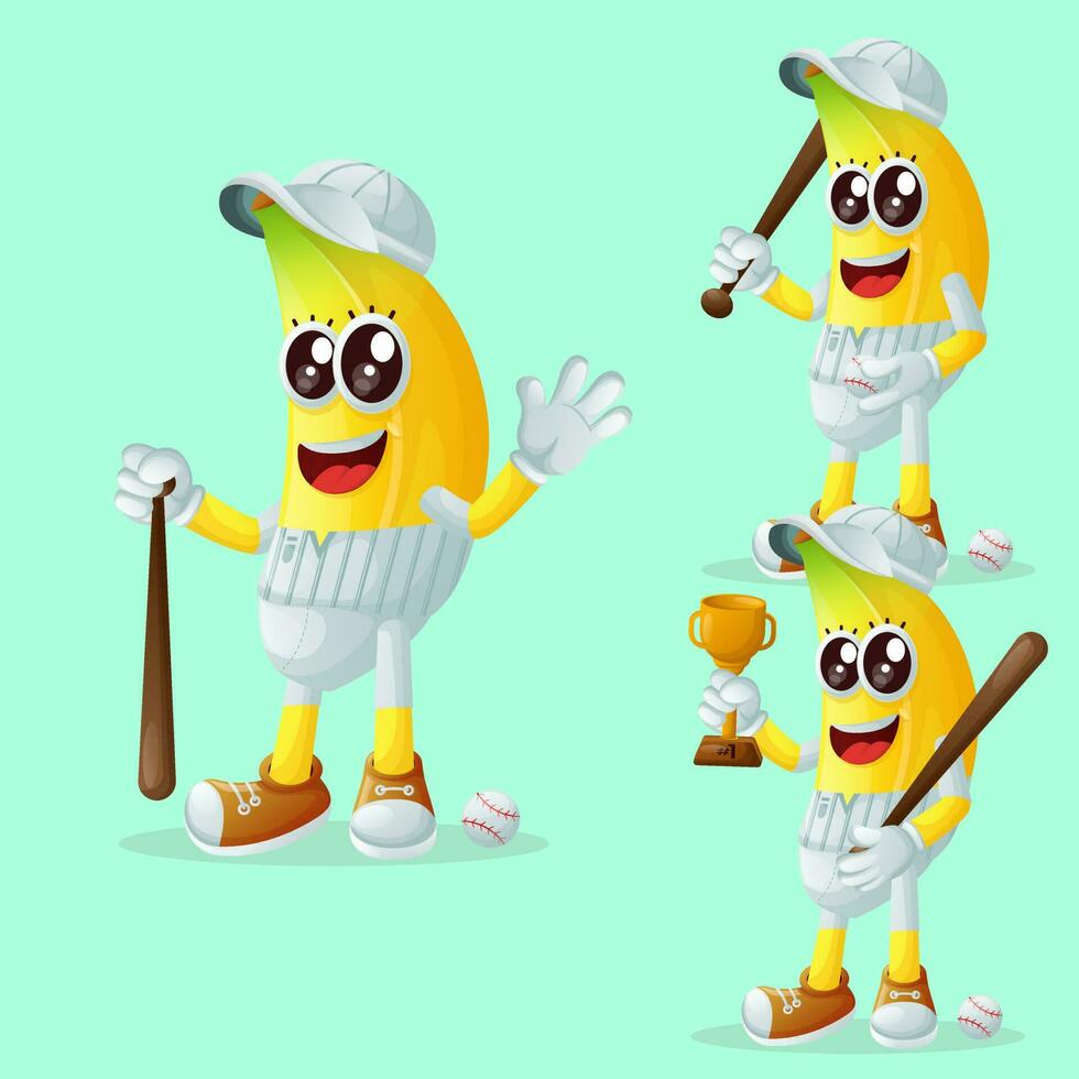 linda plátano caracteres jugando béisbol vector