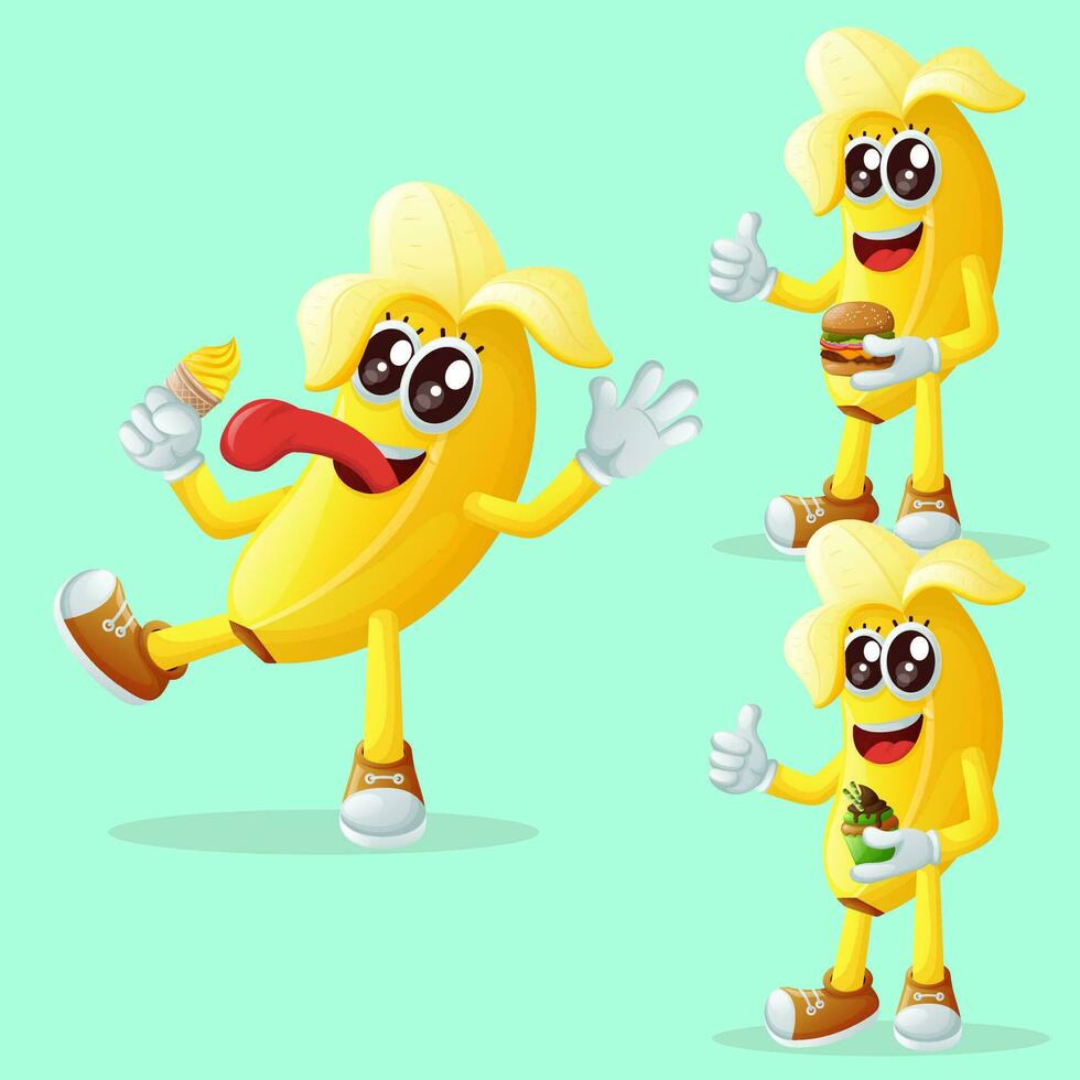 linda plátano caracteres disfrutando comida vector