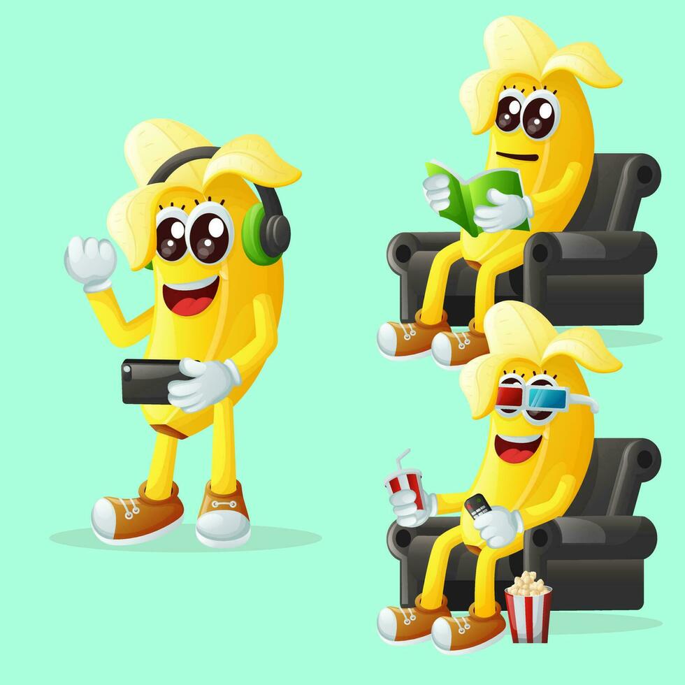 Cute banana characters enjoying leisure activities vector