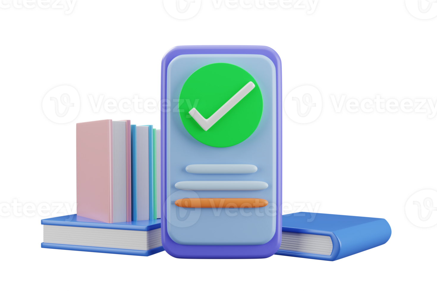 3d smartphone with check mark on screen. Stack of books. Online education, online learning concept. 3d illustration. png