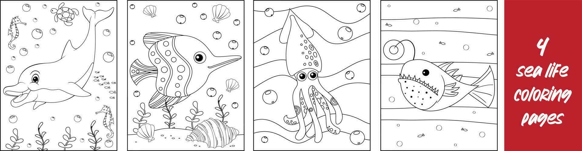 Cute Sea animals group coloring page for kids vector