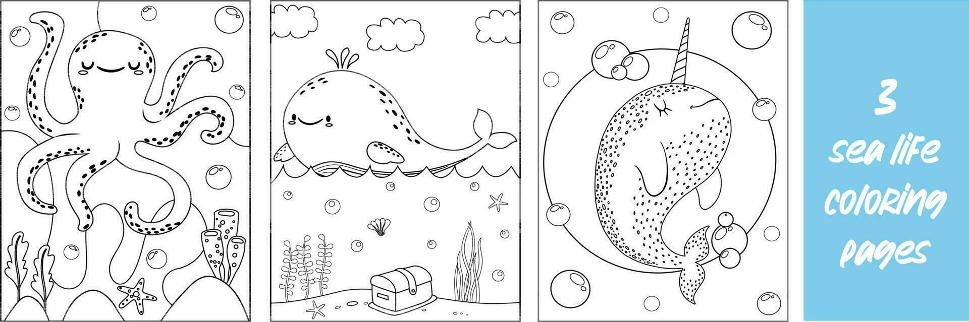 Cute Sea animals group coloring page for kids vector