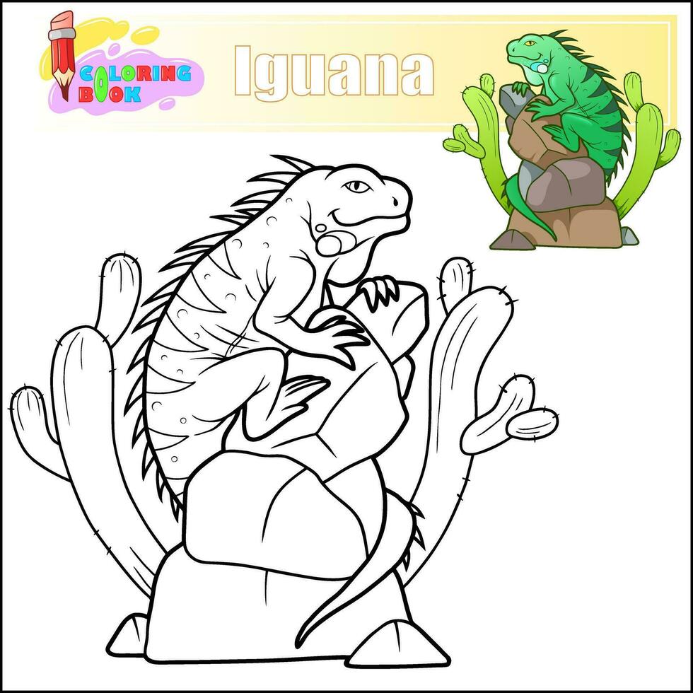 linda dibujos animados iguana colorante libro vector