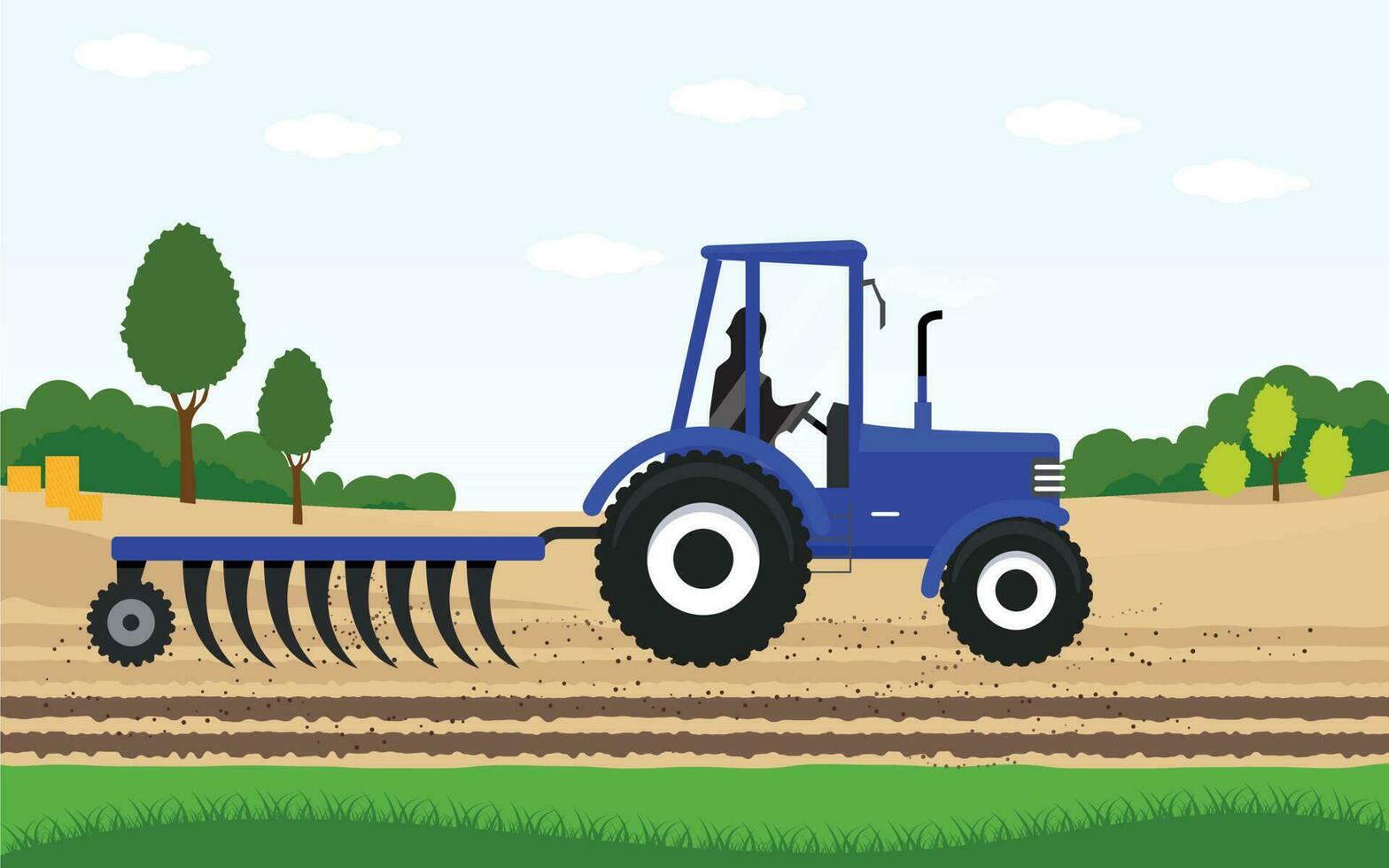 Agriculture and Farming. Agribusiness Tracktor. Rural landscape. Design elements for info graphic, websites and print media. Blue Tractor carrying hay, harvesting Vector illustration