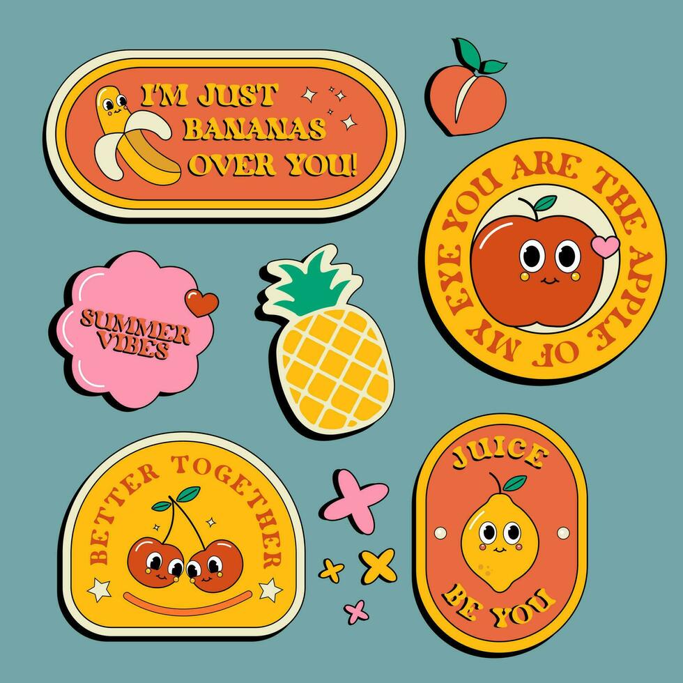 Vector tropical fruit hand drawn retro sticker collection