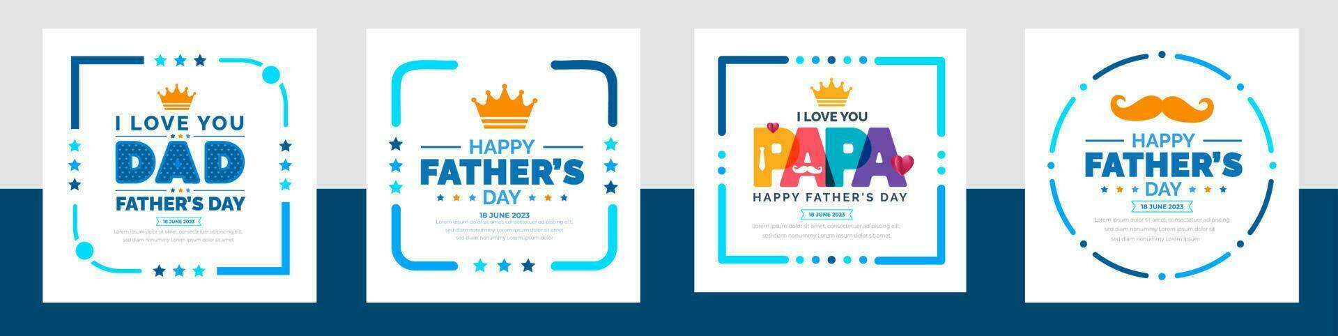 happy Father's Day social media post greetings, banner,  background and poster design template celebrate in june. Father's Day background or banner with necktie, glasses, hat, and gift box. vector