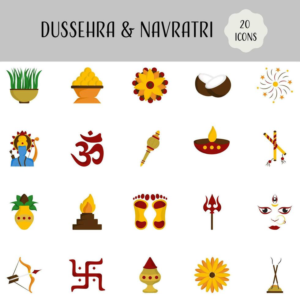 Illustration Of Navratri And Dussehra Icon Set In Flat Style. vector