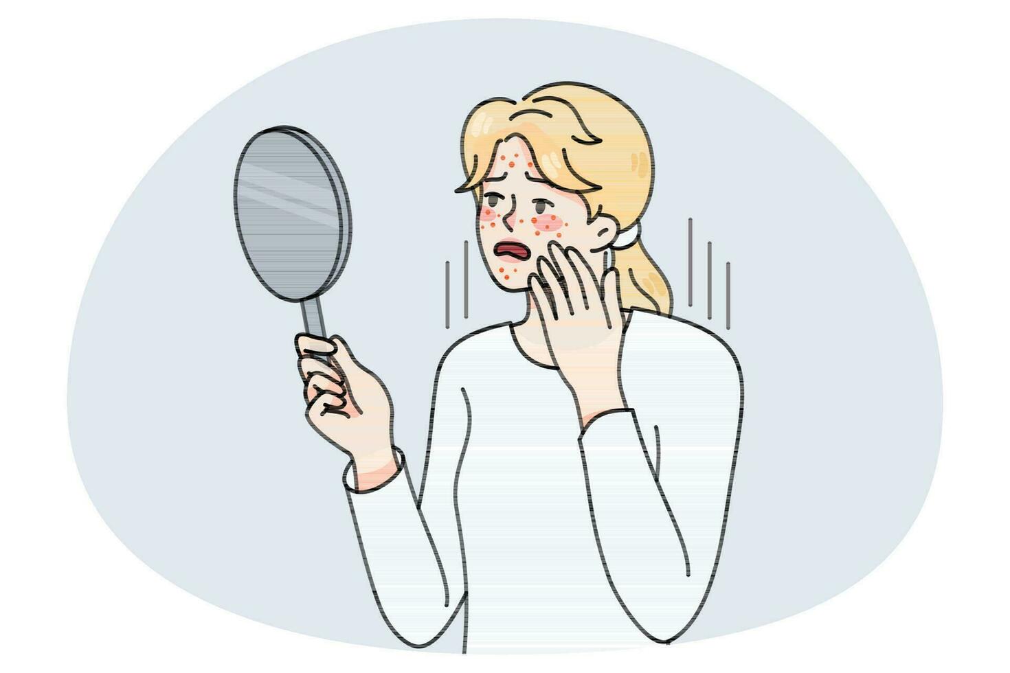 Unhappy woman look in mirror worrying about acne vector