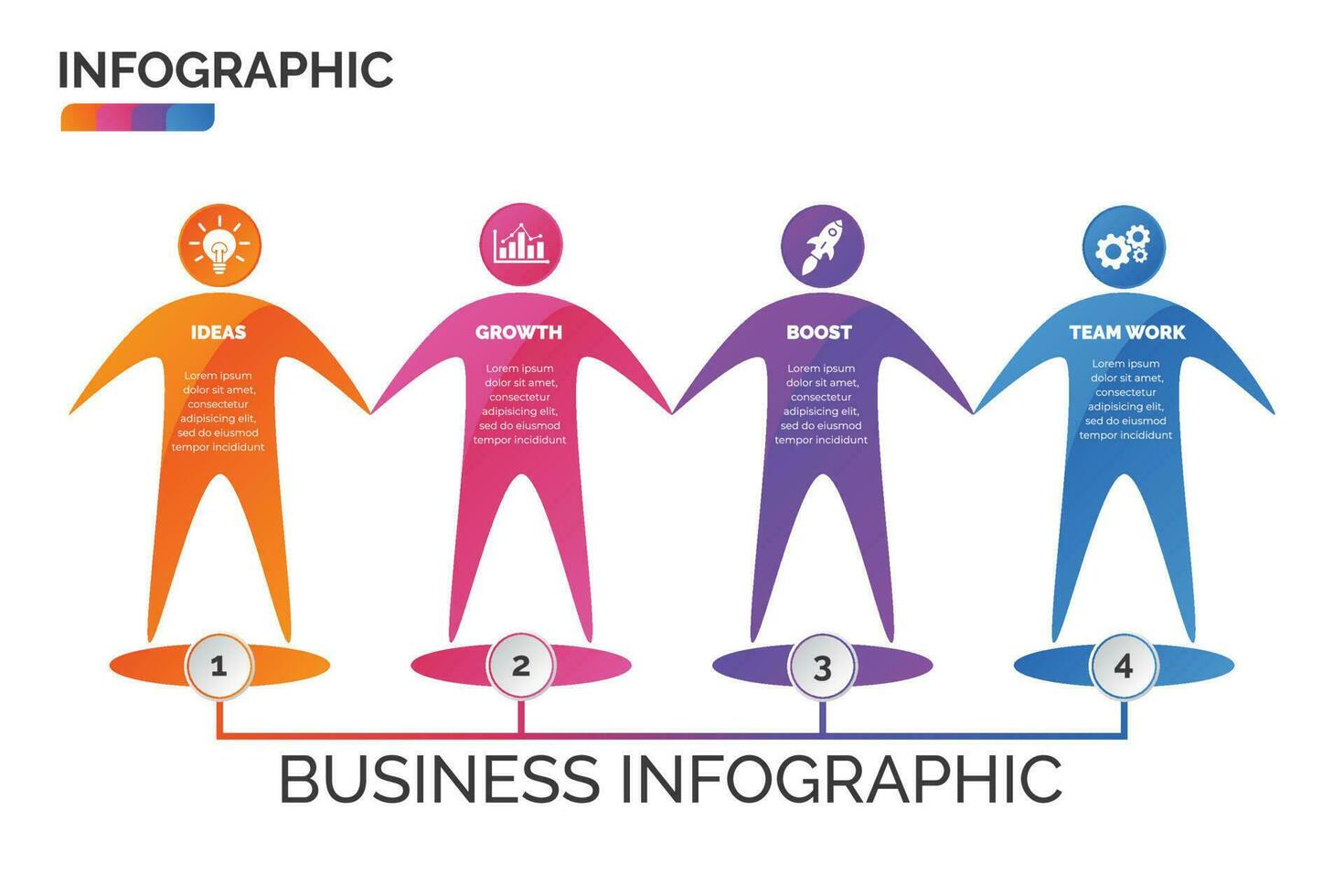 humano símbolo infografía diseño vector con 4 4 opciones, pasos, proceso para presentación, disposición, diagrama cuadro, anual informe. creativo negocio concepto