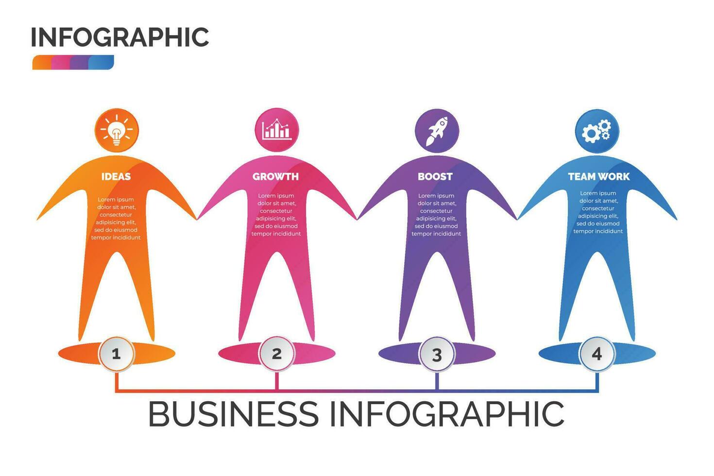 Human symbol infographic design vector with 4 options, steps, process for presentation, layout, diagram chart, anual report. Creative business concept