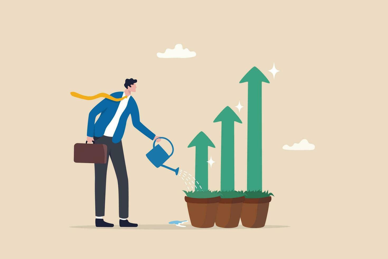 Grow business, growth or increase revenue income, personal development, growth mindset or investment profit, prosperity concept, businessman watering seedling plant with growing green growth arrow. vector