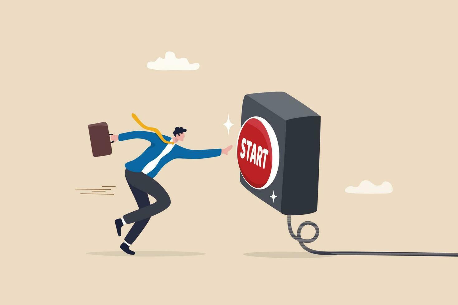 Push start button to start new business, entrepreneur to begin new company, startup to launch project, opportunity, decision to make or motivation concept, businessman run to push red start button. vector