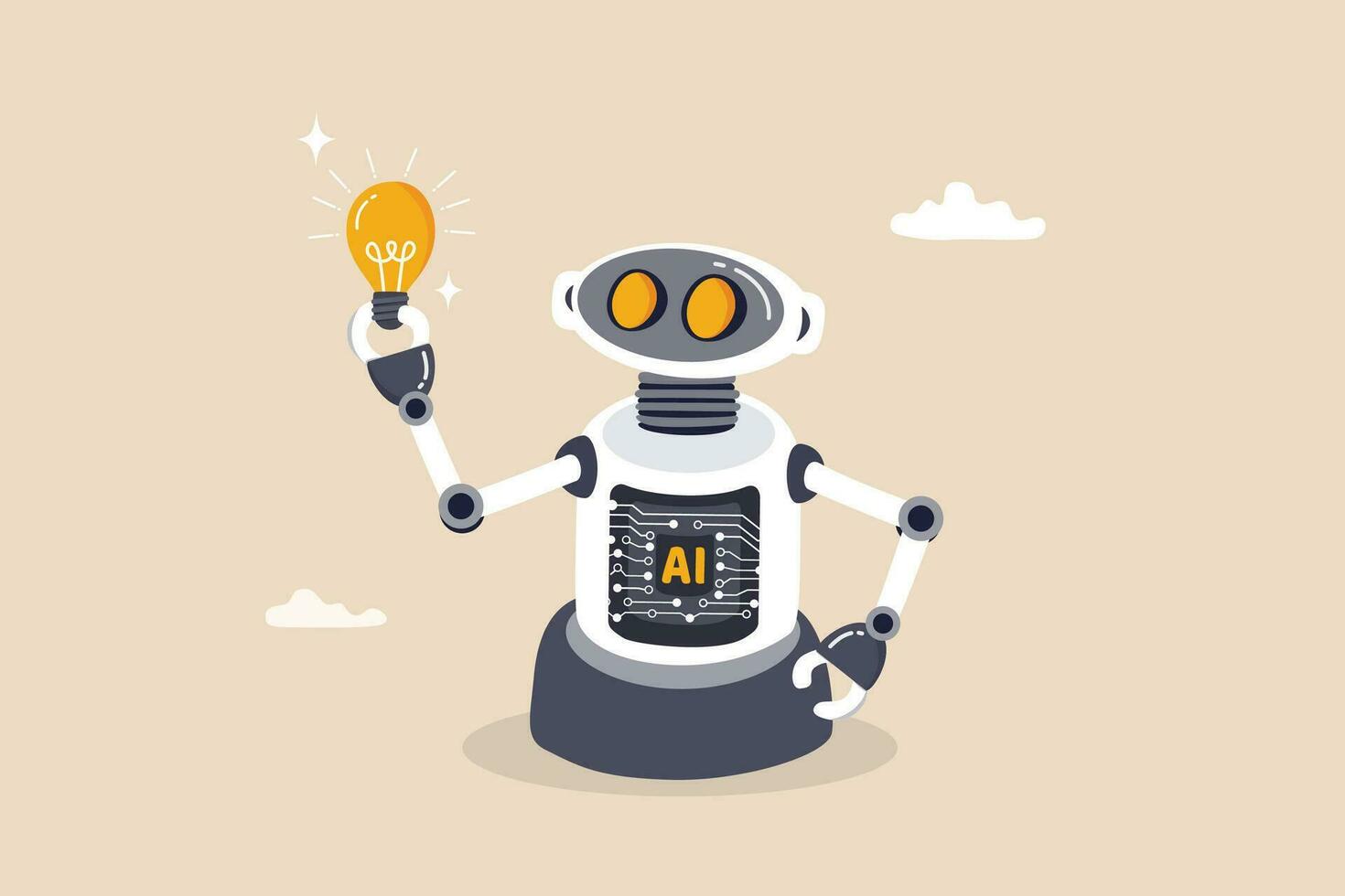 AI artificial intelligence technology to think and advice new idea, machine learning chatbot to support and help, innovation or automation, smart robot with AI chip thinking about new lightbulb idea. vector
